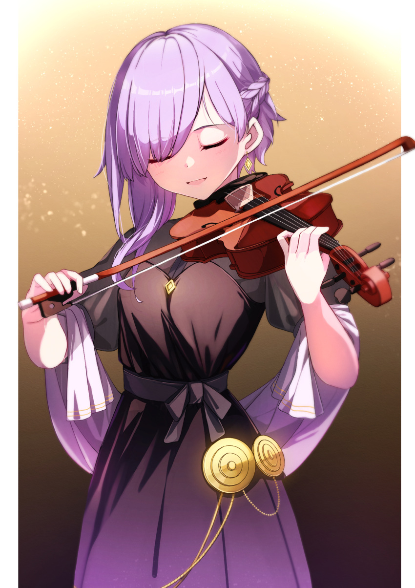1girl, braid, cevio, closed_eyes, cowboy_shot, dress, earrings, french_braid