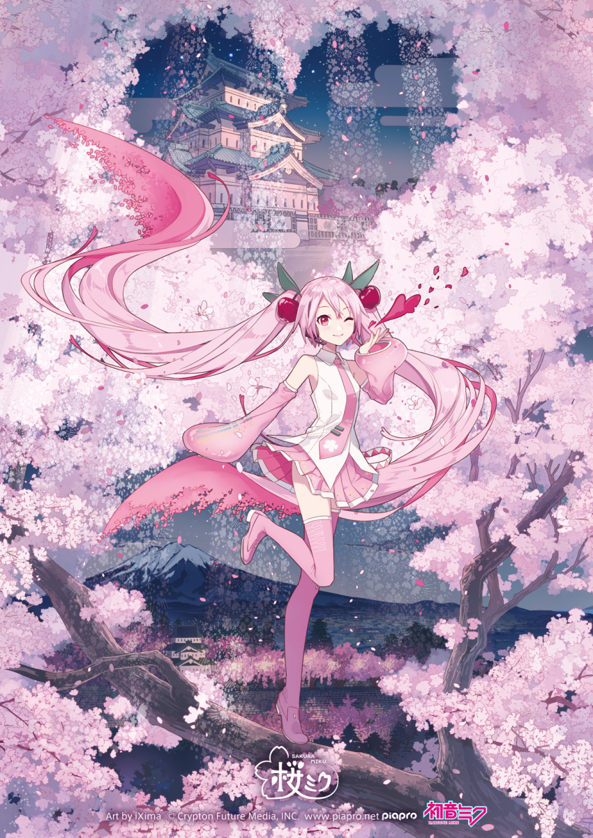 1girl, absurdly_long_hair, aomori_prefecture, architecture, belt, branch, castle, cherry_blossom_print