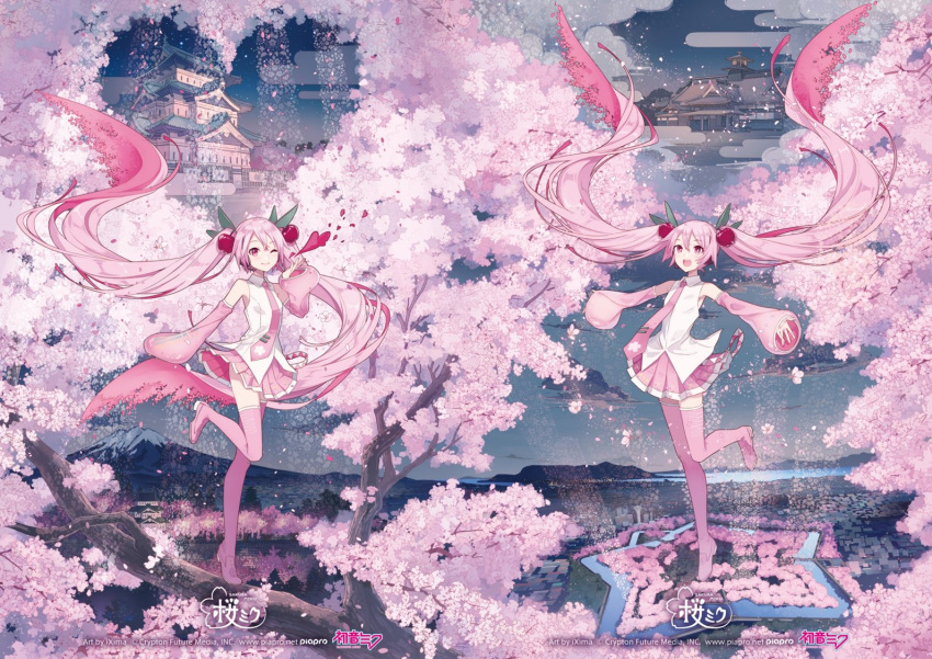 2girls, absurdly_long_hair, aomori_prefecture, architecture, belt, branch, castle, cherry_blossom_print, cherry_blossoms, cherry_hair_ornament, clone, closed_mouth, clouds, commentary, crypton_future_media, detached_sleeves, east_asian_architecture, falling_petals, floating_hair, floral_print, flower, food-themed_hair_ornament, full_body, goryoukaku, hair_ornament, hair_petal, hakodate_(city), hatsune_miku, heart, hirosaki_castle, ixima, leg_up, long_hair, looking_at_viewer, mansion, miniskirt, moat, mountainous_horizon, multiple_girls, necktie, ocean, official_art, one_eye_closed, open_mouth, outstretched_arms, petals, piano_print, piapro, pink_eyes, pink_flower, pink_hair, pink_necktie, pink_skirt, pink_sleeves, pink_theme, pink_thighhighs, pleated_skirt, river, sakura_miku, second-party_source, shirt, skirt, sleeveless, sleeveless_shirt, sleeves_past_wrists, smile, solo, standing, standing_on_one_leg, star_(symbol), thigh-highs, tie_clip, tree, very_long_hair, vocaloid, white_shirt, zettai_ryouiki
