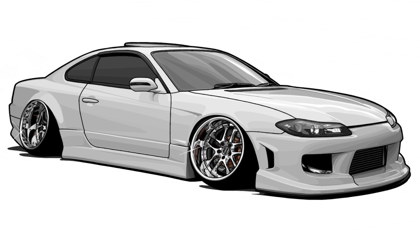car, from_side, glint, highres, kaizou-sha_no_illust_bot, motor_vehicle, nissan, nissan_s15_silvia, nissan_silvia, no_humans, original, shadow, solo, stance_(vehicle), vehicle_focus, white_background, white_car