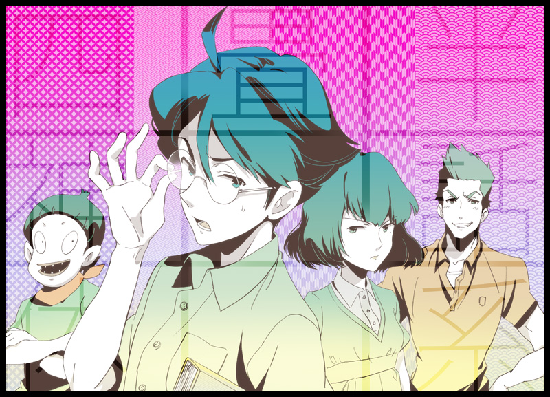 akashi, akashi_(yojouhan), bad_id, blue_hair, glasses, green_eyes, green_hair, jougasaki, jougasaki_masaki, ozu_(yojouhan), sweatdrop, watashi, yojouhan_shinwa_taikei, yoshii_aki