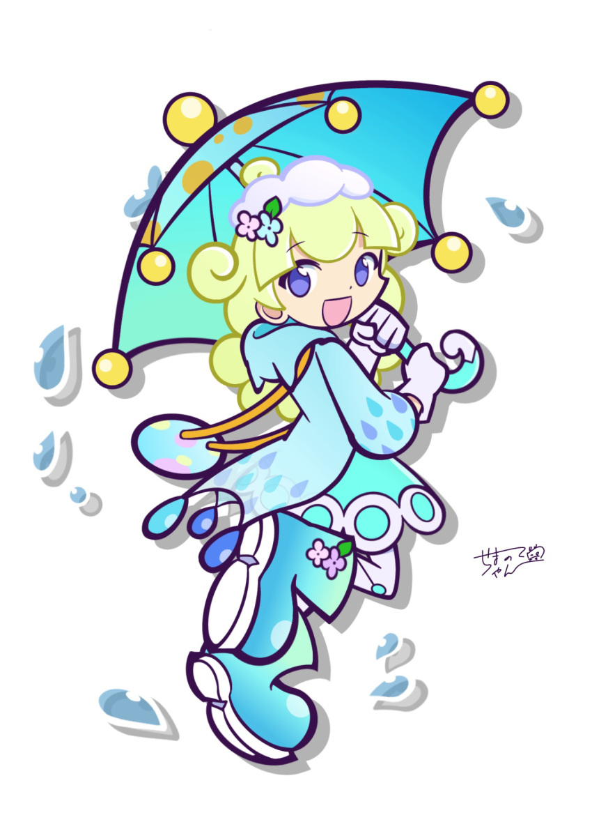blonde_hair, blue_dress, blue_flower, blue_footwear, blue_umbrella, boots, cloud_hair_ornament, dress, flower, footwear_flower, gloves, hair_flower, hair_ornament, highres, holding, holding_umbrella, hooded_coat, marle_(puyopuyo), official_style, open_mouth, pink_flower, puyopuyo, puyopuyo_tetris, raincoat, rubber_boots, umbrella, water_drop, white_background, white_gloves, yamanote_satan