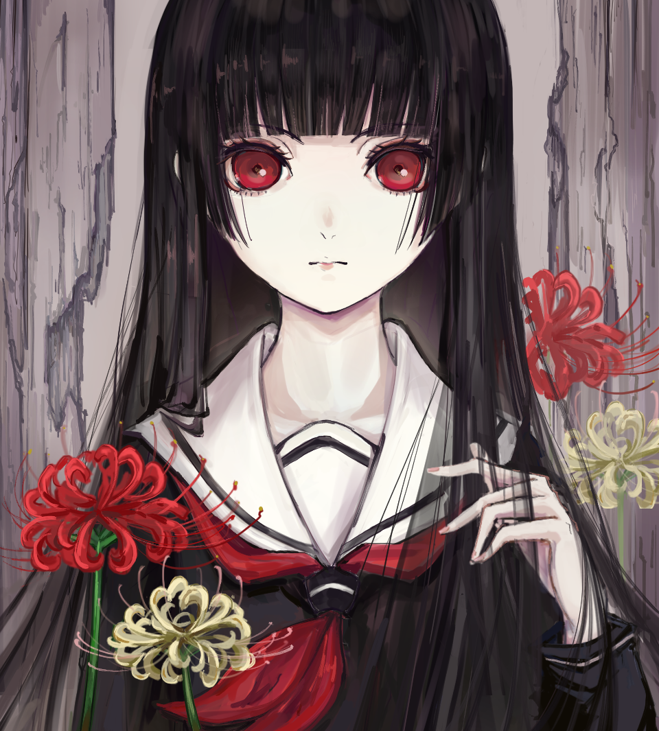1girl, akitsu_(davis0527dx), black_hair, black_serafuku, black_shirt, blunt_bangs, closed_mouth, enma_ai