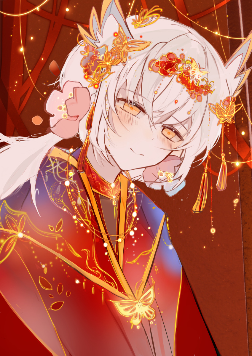 1girl, absurdres, ashang16812, bloom_(sky:_children_of_the_light), blush, cherry_blossoms, flower, highres, looking_at_viewer, sky:_children_of_the_light, smile, solo, tassel, twintails, white_hair, yellow_eyes