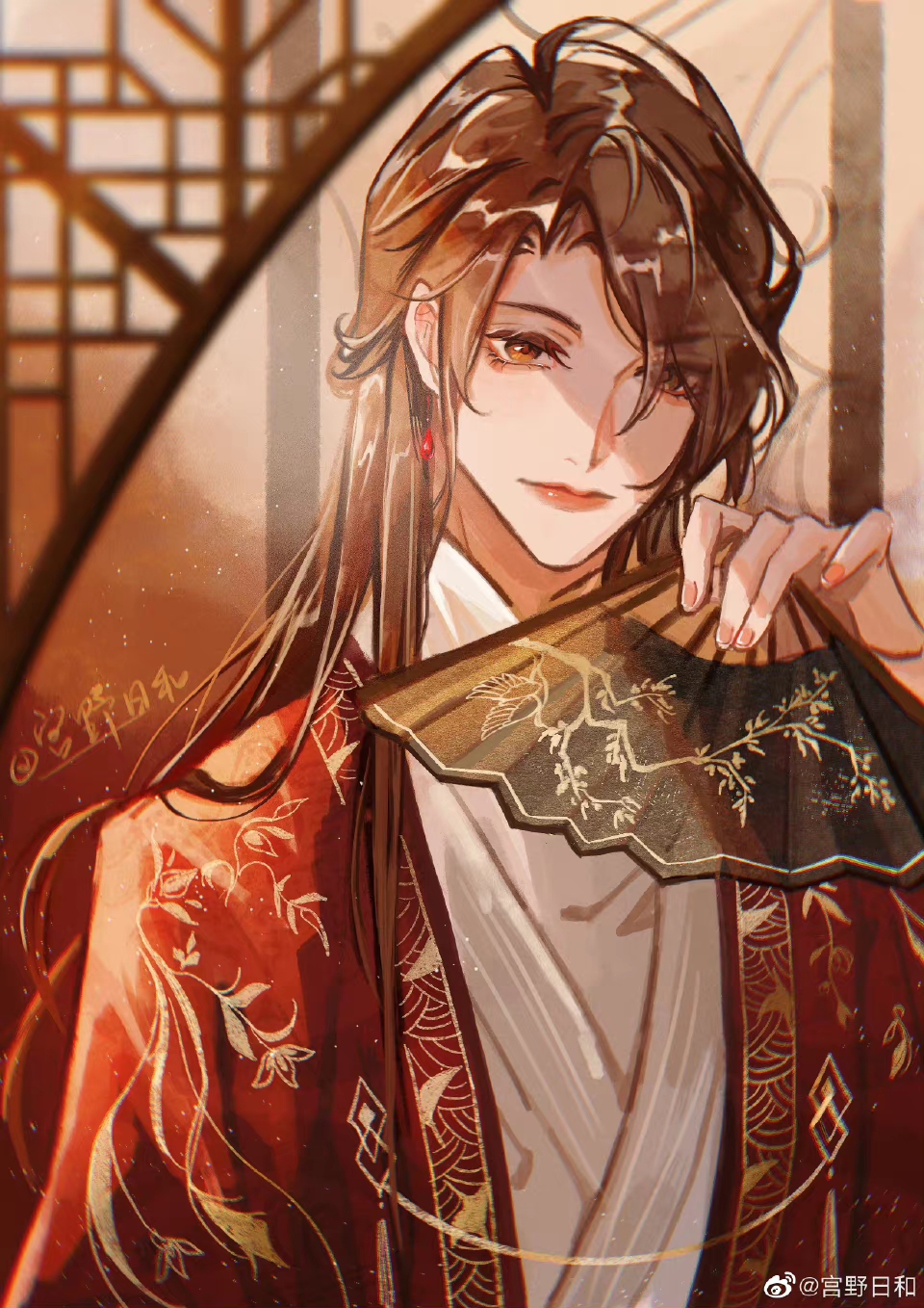 1boy, chinese_clothes, earrings, hand_fan, hanfu, highres, holding, holding_fan, jewelry, long_hair, long_sleeves, looking_at_viewer, male_focus, qiang_jin_jiu, shen_lanzhou, smile, solo, upper_body, wide_sleeves