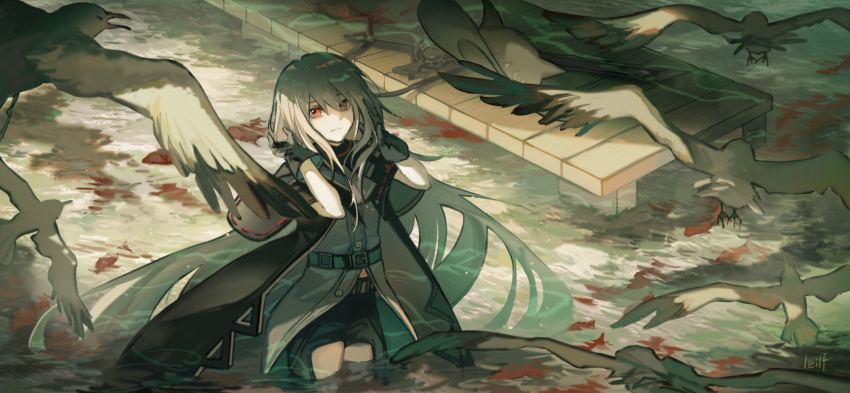 1girl, adjusting_hair, arknights, bird, black_cape, black_gloves, black_headwear, black_pants, cape, clothing_cutout, commentary, cowboy_shot, fish, gloves, grey_hair, hair_between_eyes, hands_up, hat, hat_removed, headwear_removed, highres, leilf, long_hair, looking_at_viewer, looking_up, pants, pier, red_eyes, seagull, skadi_(arknights), solo, sword, thigh_cutout, very_long_hair, vest, wading, water, weapon, white_vest