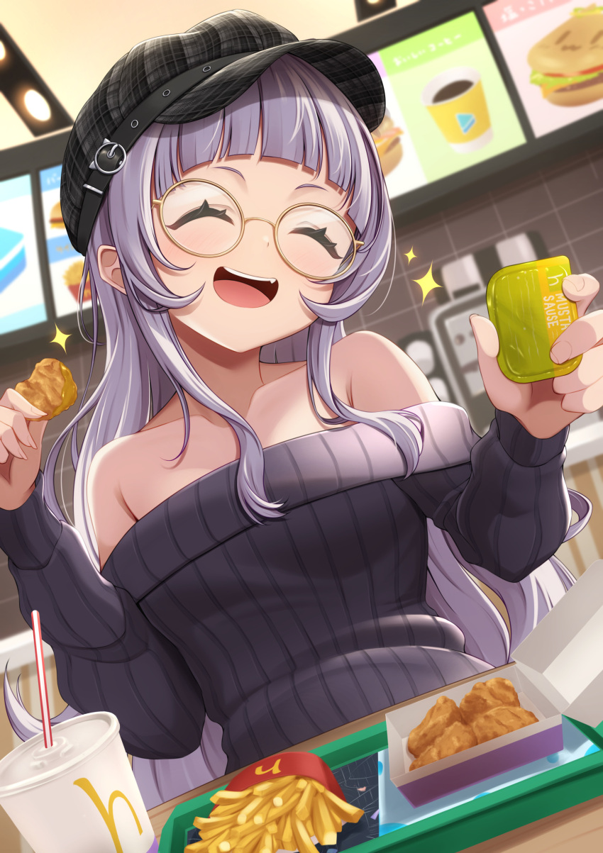1girl, absurdres, alternate_costume, bare_shoulders, bespectacled, black_headwear, black_sweater, blunt_bangs