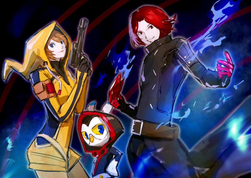 1boy, 1girl, belt, blue_eyes, blue_fire, brown_hair, fire, gun