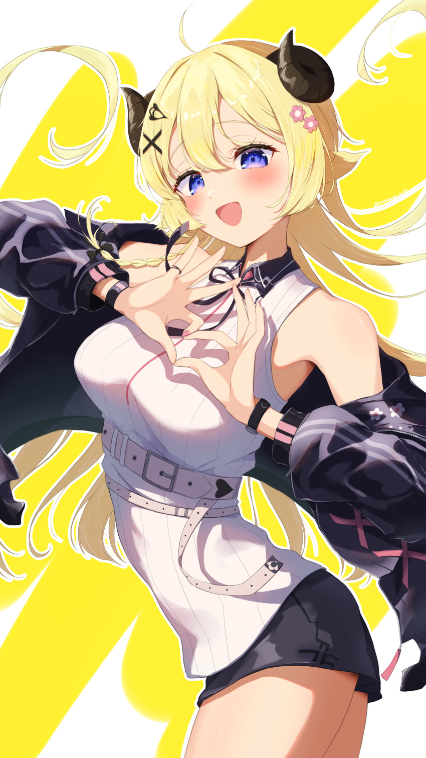 1girl, :d, absurdres, ahoge, alternate_costume, asymmetrical_hair, belt, black_jacket