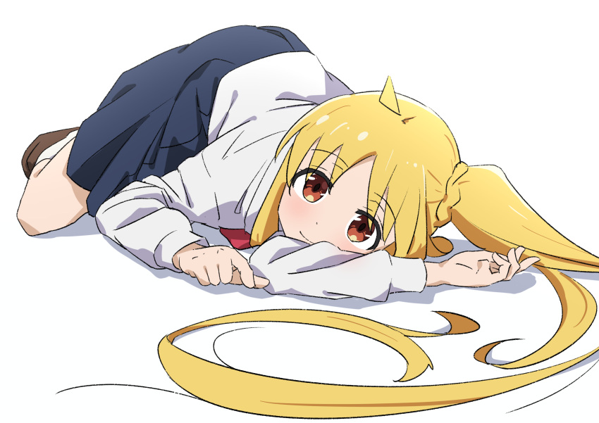 1girl, ahoge, blonde_hair, blue_skirt, blush, bocchi_the_rock!, bow, brown_footwear