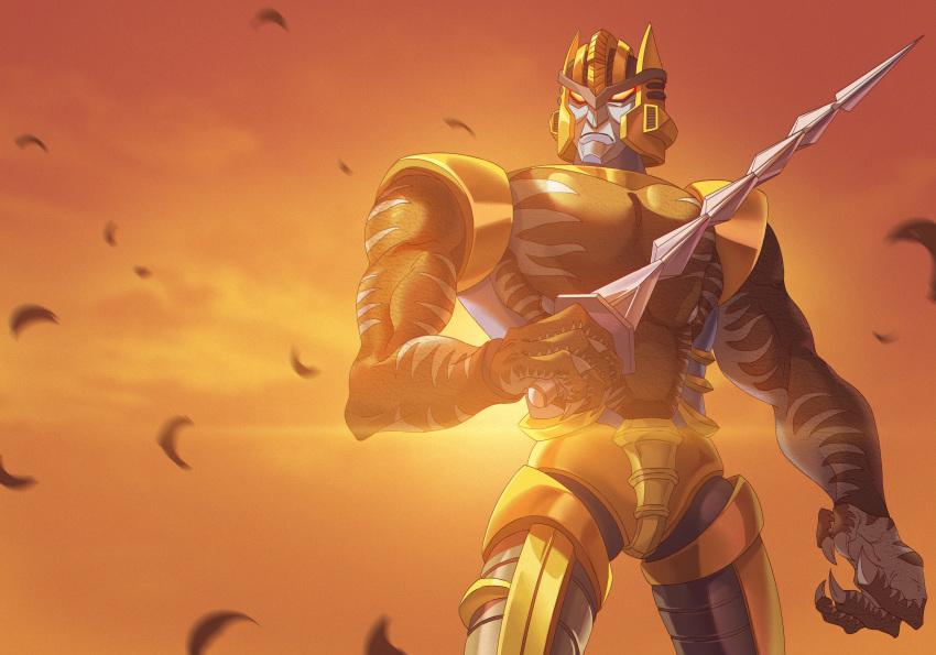 absurdres, beast_wars, beast_wars:_transformers, claws, commentary_request, dinobot_(beast_wars), falling_feathers, highres, holding, holding_sword, holding_weapon, innoarukugyou, looking_away, maximal, mecha, orange_sky, robot, sky, solo, standing, sunset, sword, transformers, weapon, yellow_eyes