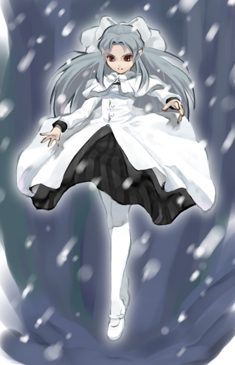 1girl, dress, flat_chest, long_hair, pantyhose, pointy_ears, ren, ribbon, silver_hair, skirt, solo, tights, tsukihime, type_moon, white_len, white_pantyhose, white_ren, you2