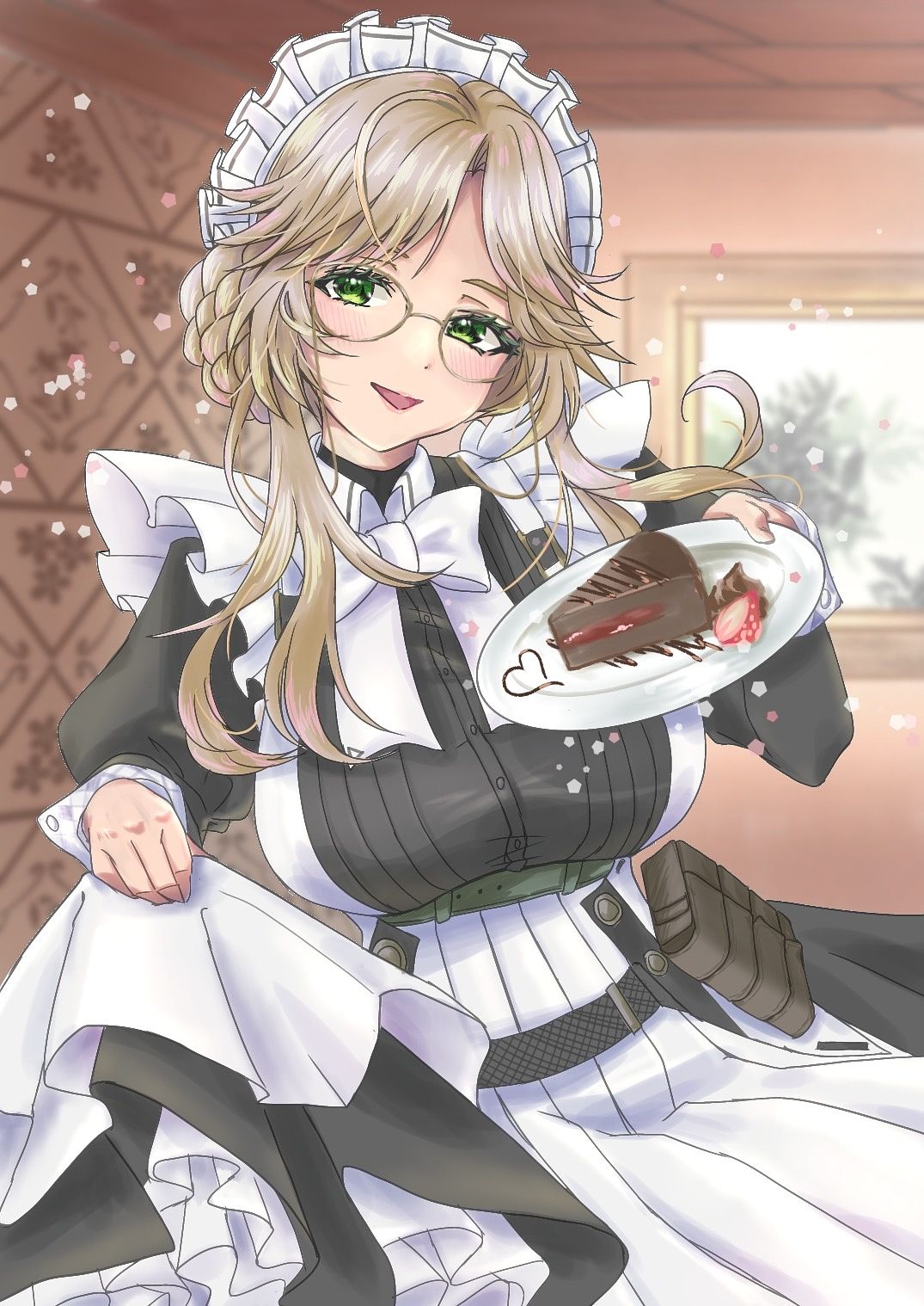 1girl, :d, ade_(nikke), apron, belt_pouch, blonde_hair, bow, bowtie, braid, breasts, cake, cake_slice, chest_harness, conakiggy, cowboy_shot, eyewear_strap, food, glasses, goddess_of_victory:_nikke, green_eyes, harness, heart, highres, holding, holding_plate, juliet_sleeves, large_breasts, light_blush, long_sleeves, maid, maid_headdress, open_mouth, plate, pouch, puffy_sleeves, smile, solo, white_bow, white_bowtie