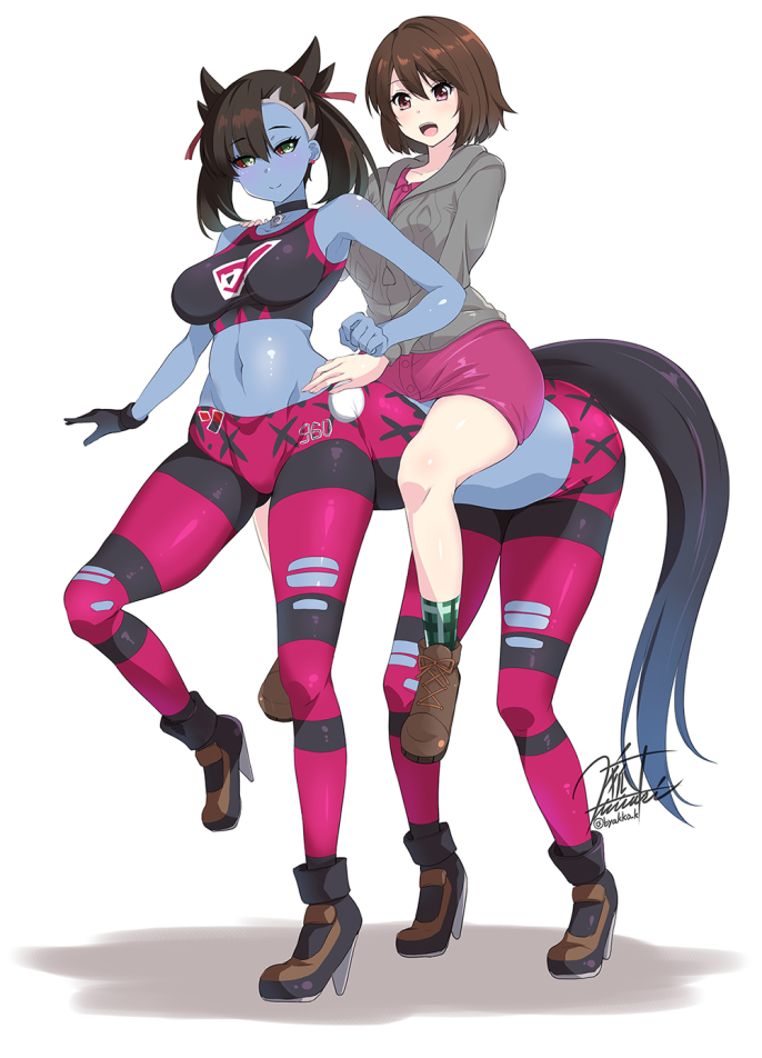 2girls, black_hair, black_sports_bra, blue_skin, breasts, brown_eyes, centaur, choker