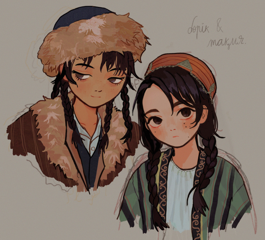 2girls, black_eyes, black_hair, braid, brown_eyes, closed_mouth, collarbone, cropped_shoulders, dark-skinned_female, dark_skin, english_commentary, expressionless, eyelashes, film_grain, fur_hat, fur_trim, grey_background, hair_over_shoulder, half-closed_eyes, hat, highres, io_(onisarashi), language_request, layered_clothes, light_smile, long_hair, looking_at_viewer, looking_away, low_twintails, mole, mole_on_cheek, mole_under_eye, multiple_girls, multiple_moles, muted_color, nostrils, open_clothes, original, parted_bangs, quad_braids, simple_background, sketch, thick_eyebrows, traditional_clothes, translation_request, twin_braids, twintails, upper_body