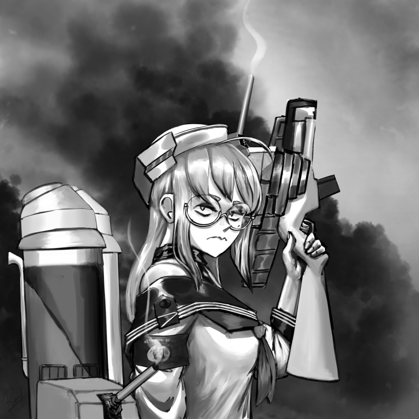 1girl, absurdres, ahoge, breasts, closed_mouth, english_commentary, glasses, greyscale, gun, hat, headgear, heywood_l._edwards_(kancolle), highres, holding, holding_gun, holding_weapon, kantai_collection, long_hair, looking_at_viewer, medium_breasts, monochrome, neckerchief, rigging, ron_(pixiv83091338), round_eyewear, sailor_collar, smoke, turret, upper_body, wavy_mouth, weapon