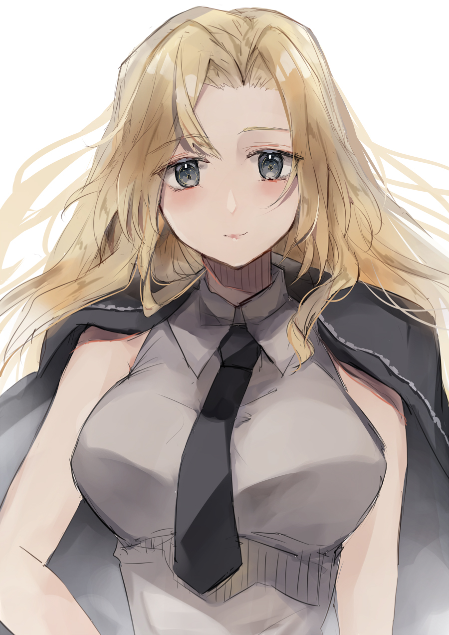 1girl, black_necktie, blonde_hair, closed_mouth, collared_shirt, grey_eyes, grey_shirt, hatomaru_(hatomaru56)