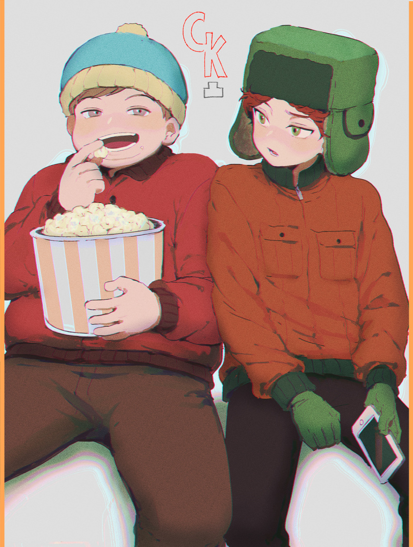 2boys, animification, brown_hair, brown_pants, eric_cartman, food, gloves, green_eyes