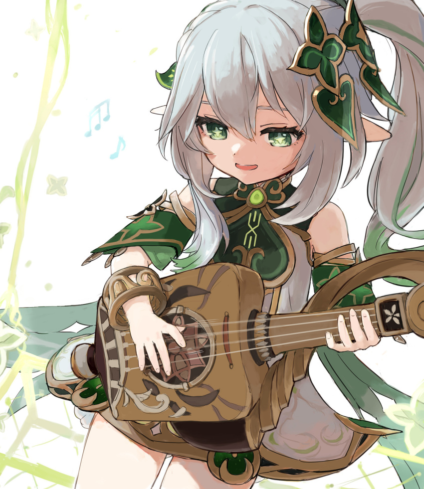 1girl, bracelet, cape, cross-shaped_pupils, dress, female_child, genshin_impact, gradient_hair, green_cape, green_eyes, green_hair, green_sleeves, hair_between_eyes, hair_ornament, highres, instrument, jewelry, leaf_hair_ornament, long_hair, multicolored_hair, music, nahida_(genshin_impact), paserin_ekaku, playing_instrument, pointy_ears, side_ponytail, sidelocks, smile, solo, symbol-shaped_pupils, white_dress, white_hair