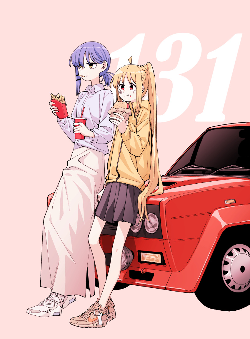 2girls, :t, ahoge, asymmetrical_hair, blonde_hair, bocchi_the_rock!, burger, car