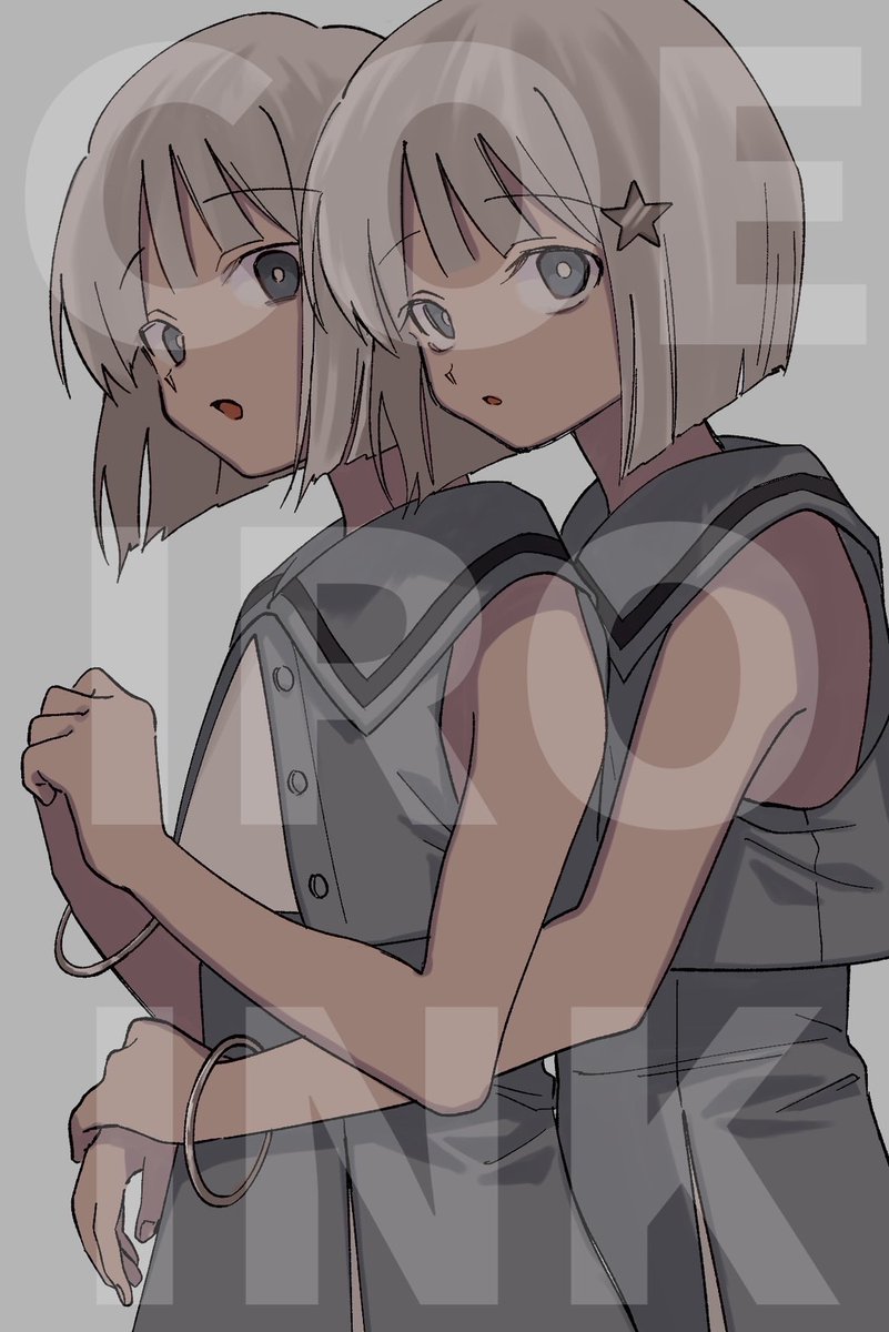2girls, bangle, blunt_ends, bob_cut, bracelet, bright_pupils, coeiroink, copyright_name