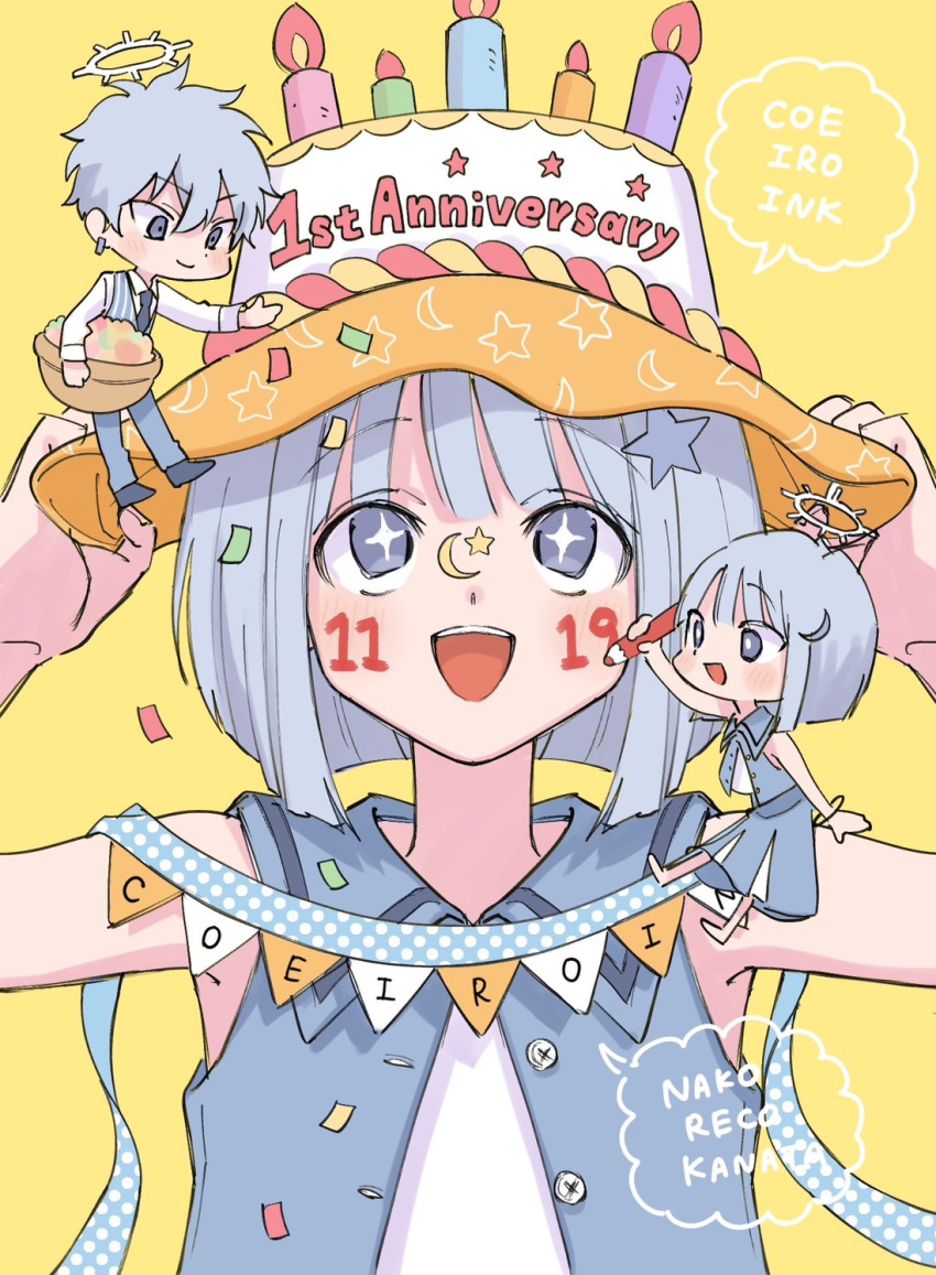 +_+, 1boy, 2girls, :d, adjusting_clothes, adjusting_headwear, anniversary, bangle