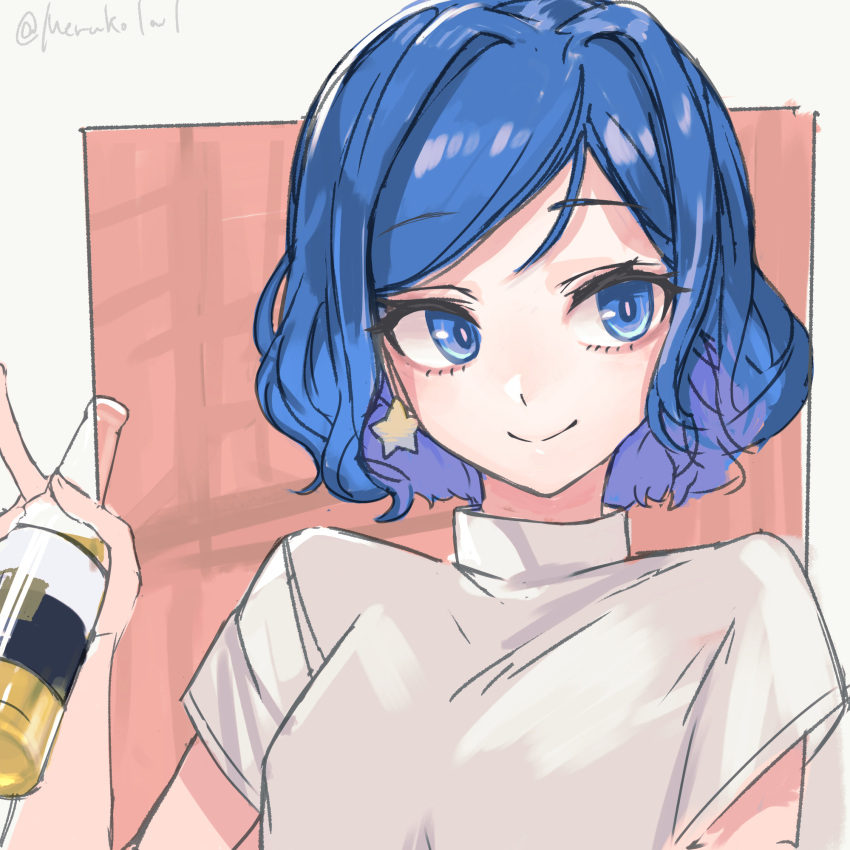 1girl, aged_up, aikatsu!, aikatsu!_(series), alcohol, alternate_hairstyle, artist_name, blue_eyes, blue_hair, border, bottle, closed_mouth, earrings, hand_up, highres, holding, holding_bottle, jewelry, kiriya_aoi, looking_to_the_side, red_background, shirt, short_hair, short_sleeves, shou_(meruko1001), sketch, smile, star_(symbol), star_earrings, swept_bangs, turtleneck, twitter_username, upper_body, v, white_border, white_shirt