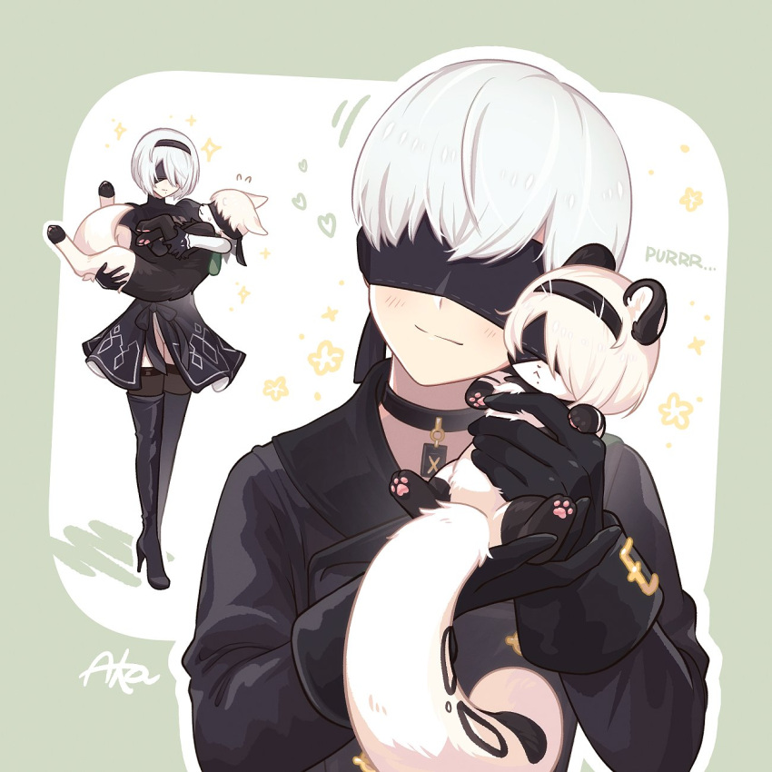 1boy, 1girl, black_blindfold, black_hairband, blindfold, boots, choker, covered_eyes