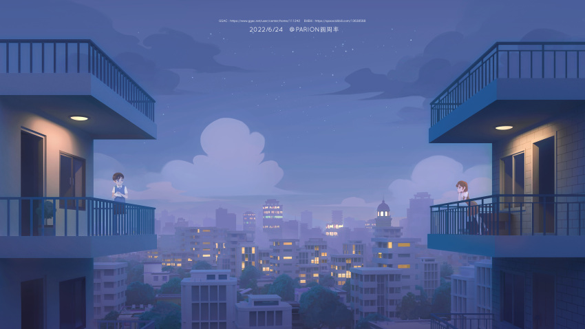 1boy, 1girl, absurdres, artist_name, balcony, brown_dress, building, city, clouds, colin_reeds, dated, dress, faye_(finding_paradise), finding_paradise, highres, holding_paper_airplane, leaning_on_rail, light, night, night_sky, parion, plant, potted_plant, railing, shirt, sky, socks, standing, sweater_vest, web_address, white_shirt