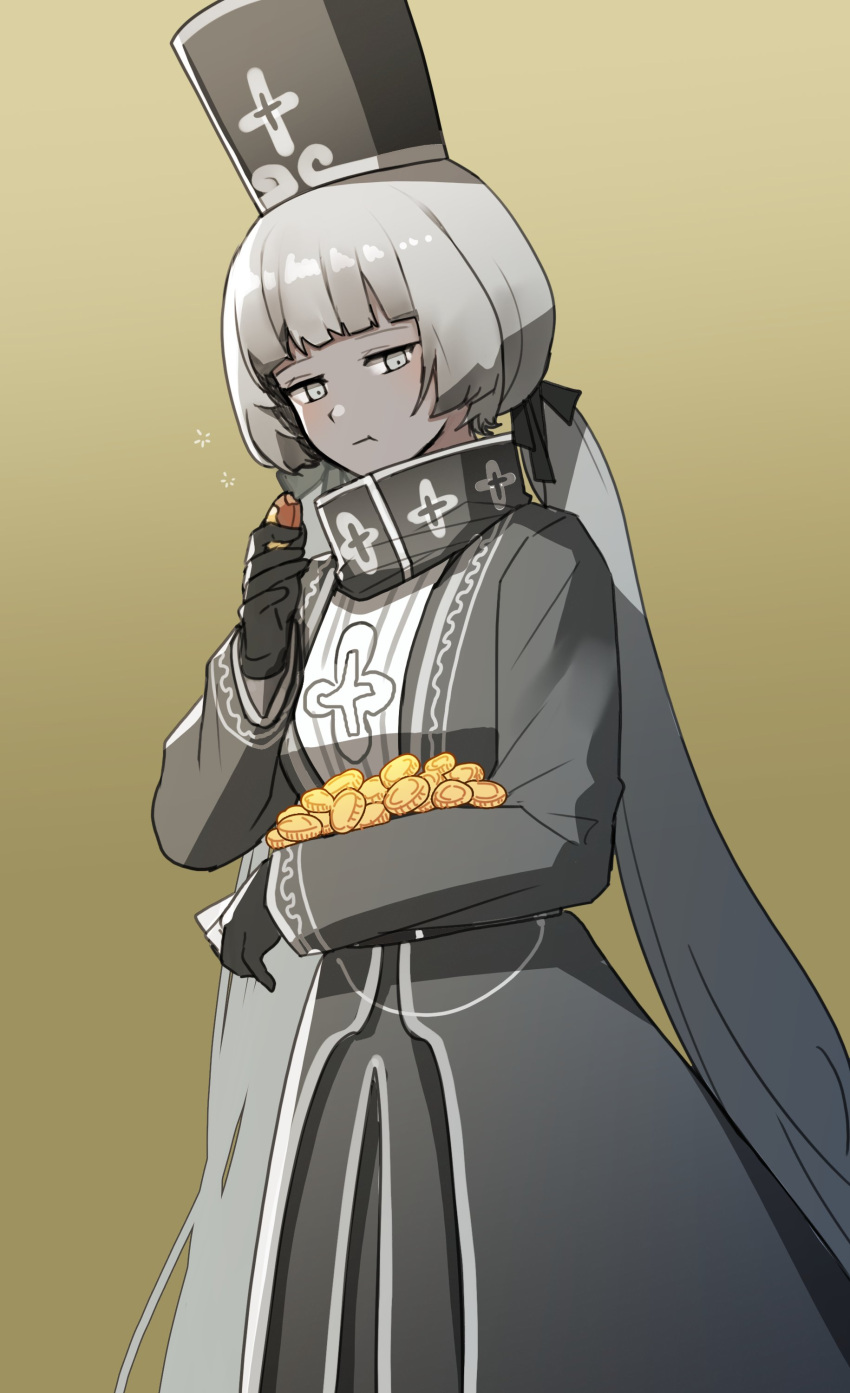 00ddaanngg00, 1girl, absurdres, black_gloves, blunt_bangs, candy, charon_(limbus_company), chocolate_coin