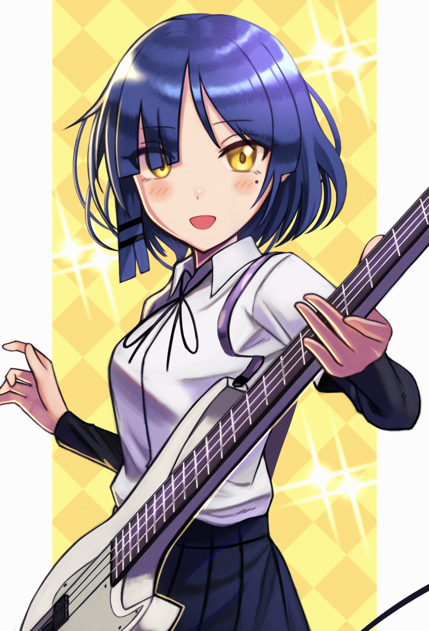 1girl, :d, absurdres, bass_guitar, blue_hair, blush, bocchi_the_rock!, collared_shirt