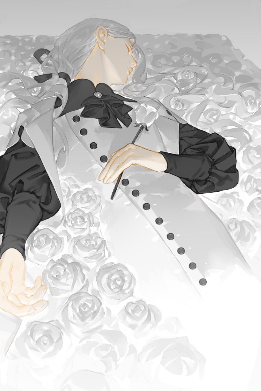 1boy, absurdres, ascot, black_ascot, black_jacket, black_ribbon, brooch, closed_eyes, closed_mouth, cowboy_shot, eyelashes, facing_to_the_side, flower, grey_background, grey_hair, hair_ribbon, highres, holding, holding_flower, jacket, jewelry, long_hair, long_sleeves, low_ponytail, lying, male_focus, molin, on_back, open_clothes, open_jacket, original, ponytail, puffy_long_sleeves, puffy_sleeves, reaching_towards_viewer, ribbon, robe, rose, solo, white_flower, white_hair, white_robe, white_rose, white_theme