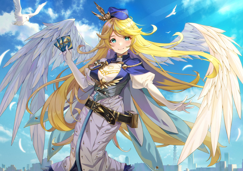 1girl, absurdres, angel_wings, belt, bird, blonde_hair, breasts, calder_(pixiv3698273), card, dress, duel_masters, duel_masters_play's, elbow_gloves, elena_(duel_masters), feathered_wings, gloves, green_eyes, highres, holding, holding_card, juliet_sleeves, large_breasts, long_hair, long_sleeves, outdoors, puffy_sleeves, sky, solo, sunlight, wings