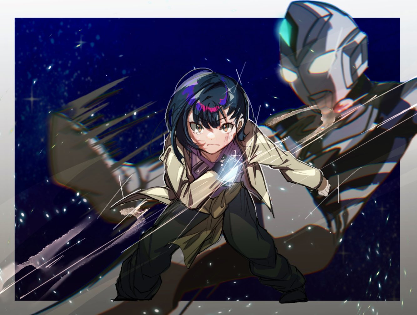 1girl, brown_coat, coat, color_timer, glowing, looking_at_viewer, tokusatsu, ultra_series