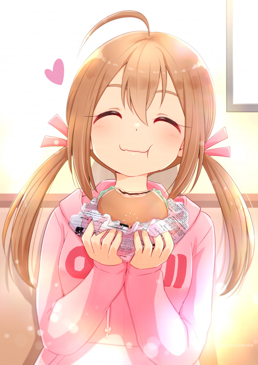 1girl, ahoge, artist_name, blush, brown_hair, closed_eyes, eating, facing_viewer