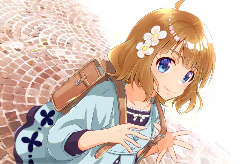 1girl, backpack, bag, blue_eyes, blue_shirt, brown_hair, day, flower