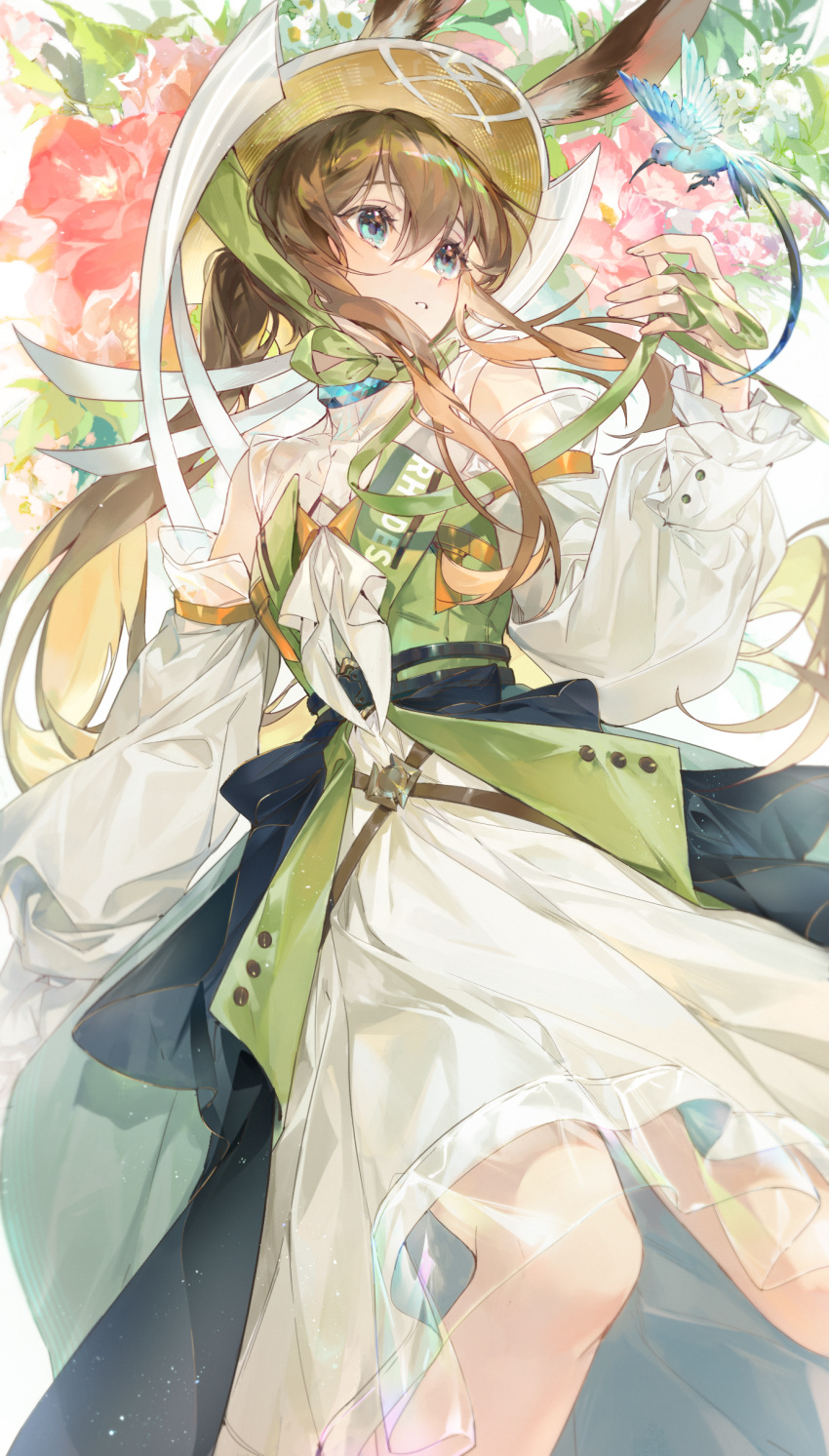 1girl, absurdres, amiya_(arknights), animal_ears, arknights, bird, blue_bird, blue_choker