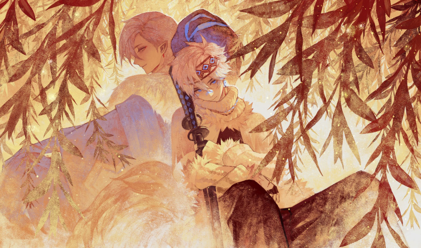 2boys, arm_warmers, back-to-back, black_gloves, black_pants, blue_cloak, blue_eyes, calendulamew