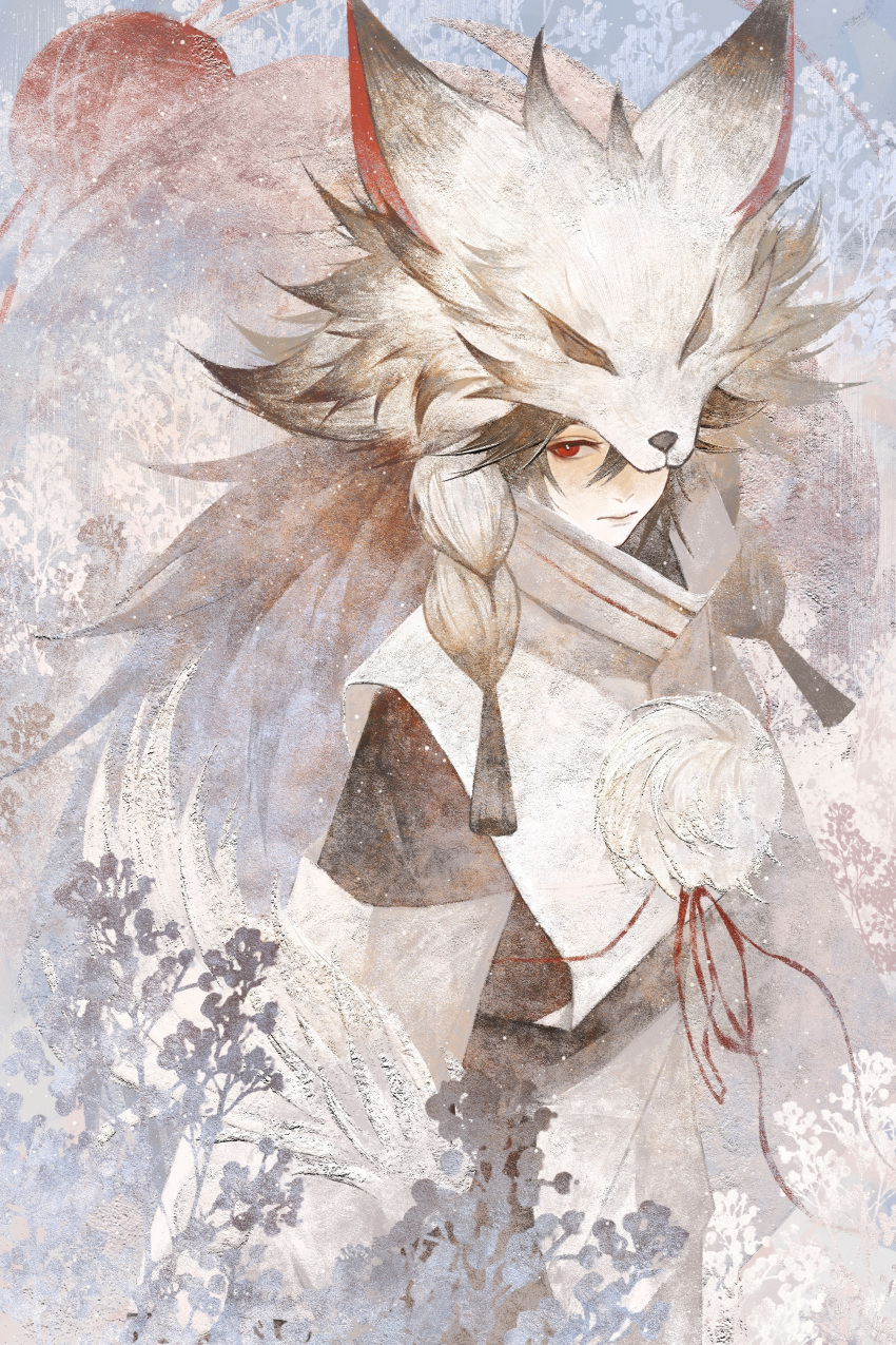 1boy, absurdres, black_hair, calendulamew, closed_mouth, cowboy_shot, fox_hat, fox_pelt