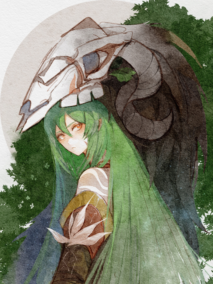 1boy, absurdres, animal_skull, bare_shoulders, calendulamew, detached_sleeves, from_behind, green_hair