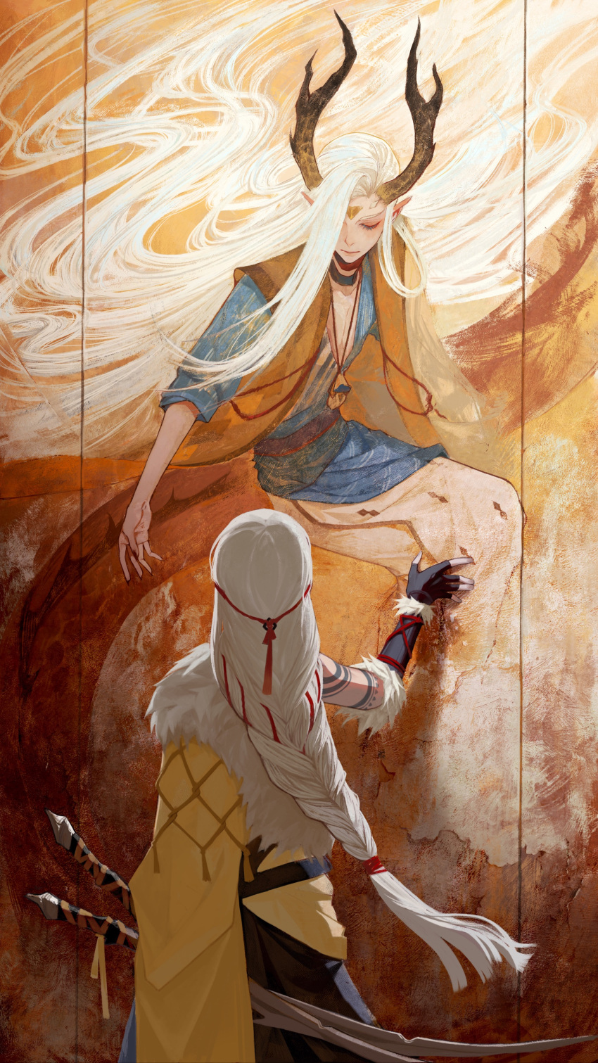 1boy, absurdres, arm_guards, arm_tattoo, black_gloves, black_pants, blue_kimono, braid