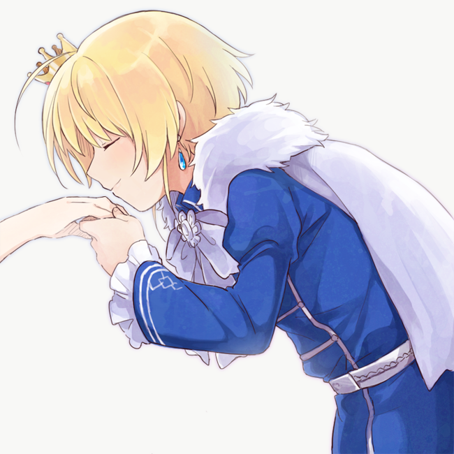 1boy, 1other, belt, blonde_hair, blue_shirt, bow, brooch, capelet