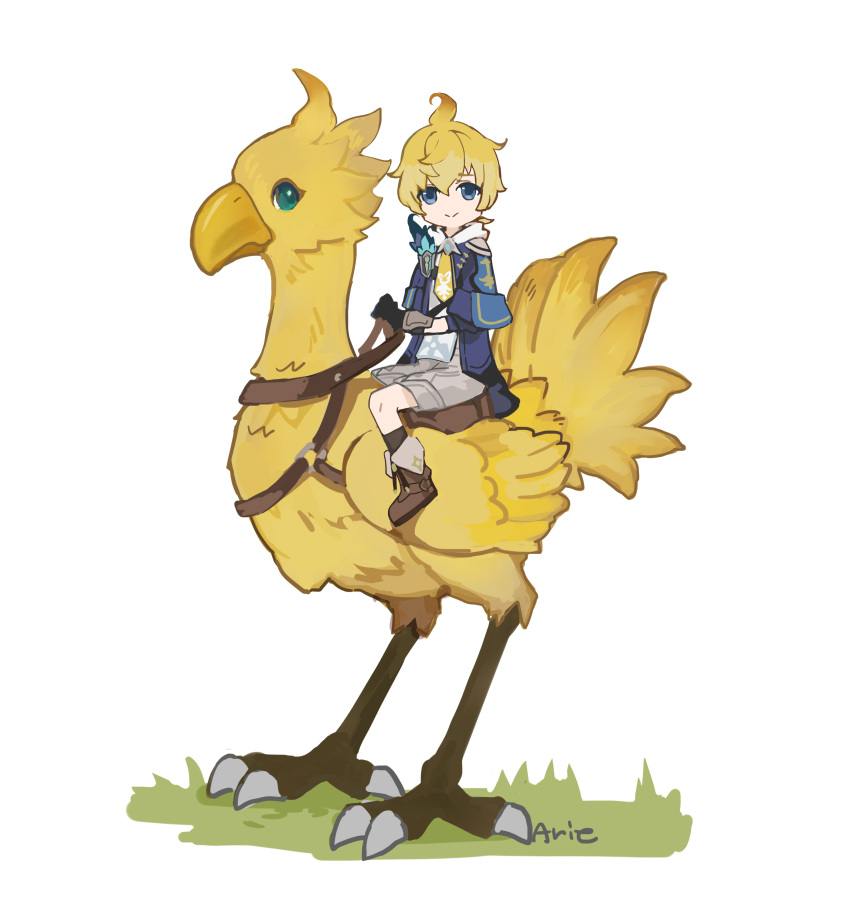 1boy, absurdres, arie_game, bird, blonde_hair, blue_eyes, boots, brown_footwear