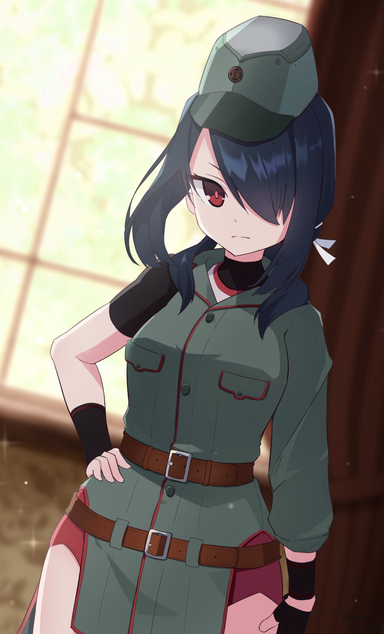 1girl, asymmetrical_clothes, black_gloves, black_hair, buruma, commentary_request, cowboy_shot, curtains