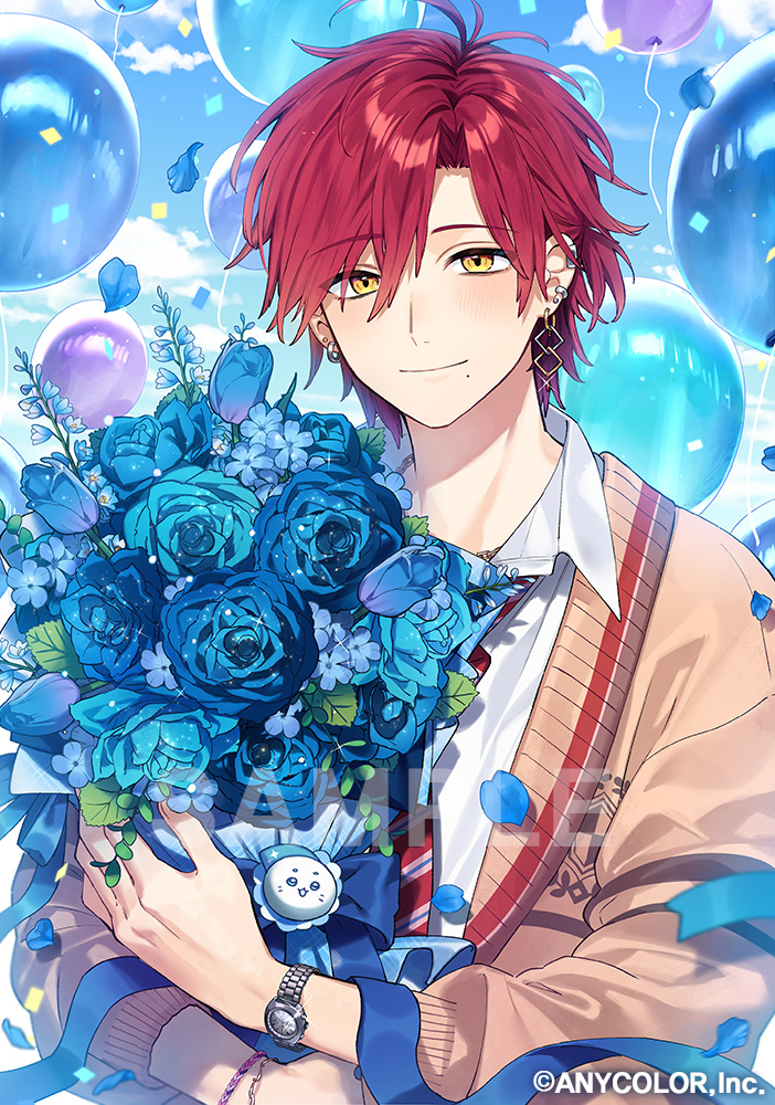 1boy, balloon, blue_flower, bouquet, bracelet, ear_piercing, earrings, flower