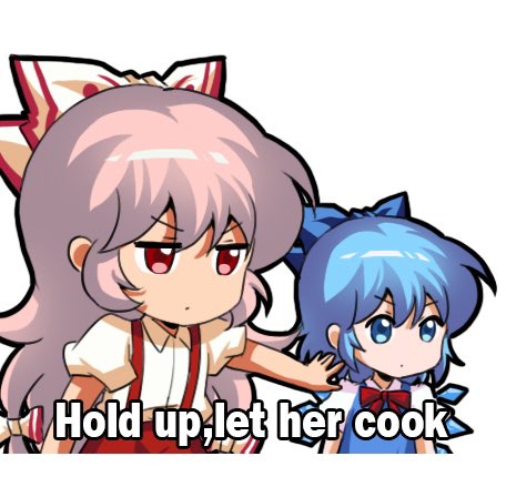 2girls, blue_bow, blue_eyes, blue_hair, bow, cirno, commentary, dot_mouth, english_commentary, english_text, fujiwara_no_mokou, hair_bow, ice, ice_wings, jokanhiyou, let_him_cook_(meme), long_hair, lowres, meme, multiple_girls, pants, red_eyes, red_pants, shirt, short_hair, simple_background, suspenders, touhou, white_background, wings