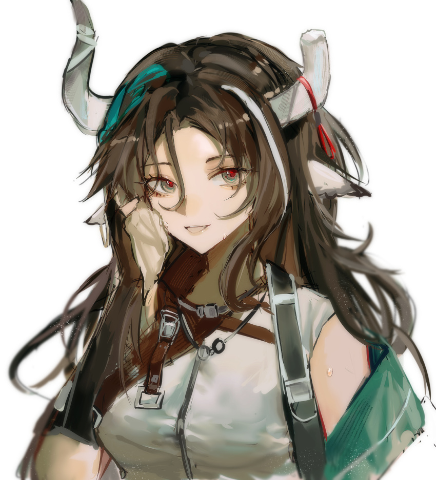 1girl, :d, animal_ears, anpoai, arknights, black_gloves, black_hair, breasts
