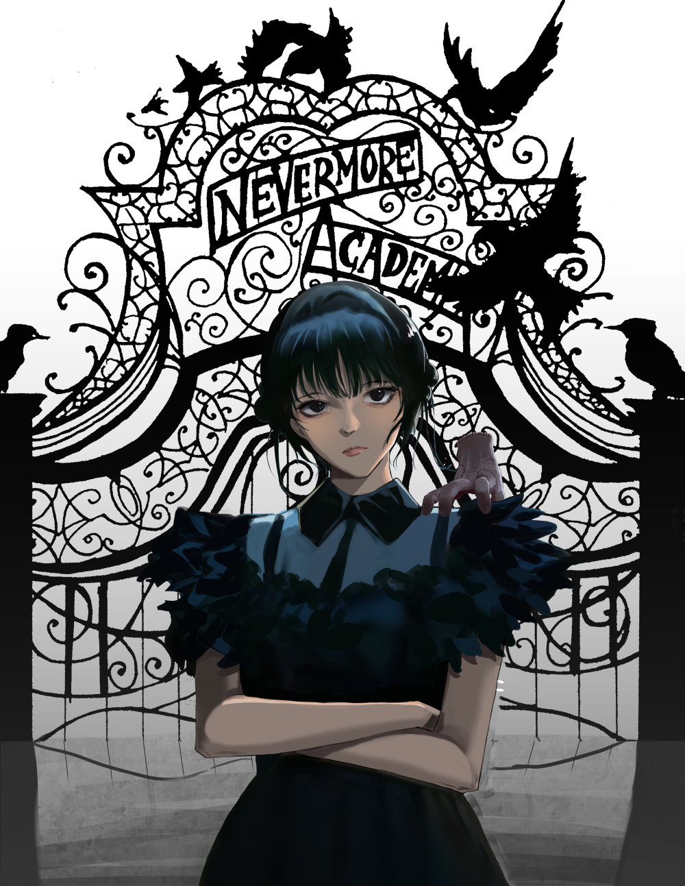 1girl, 1other, addams_family, ahneato, bird, black_dress, black_eyes, black_hair