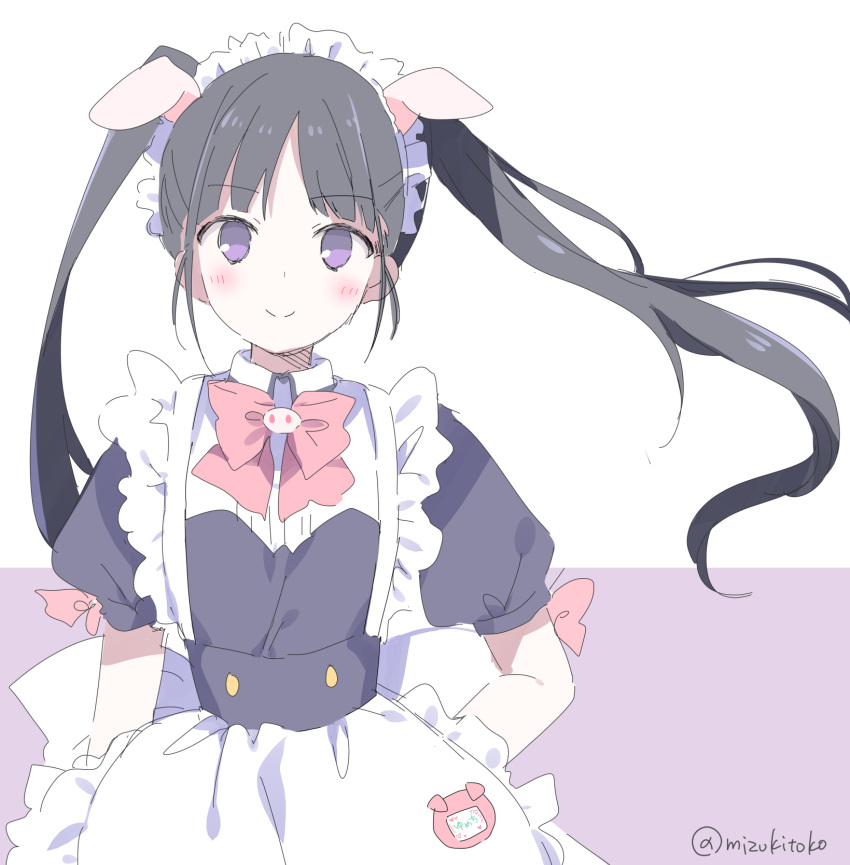 1girl, akiba_maid_sensou, animal_ears, apron, artist_name, black_dress, black_hair, blush, bow, dress, fake_animal_ears, highres, long_hair, looking_at_viewer, maid, maid_headdress, mizuki_toko, pig_ears, pink_bow, short_sleeves, simple_background, sketch, smile, solo, thigh-highs, twintails, violet_eyes, white_thighhighs, yumechi_(akiba_maid_sensou)