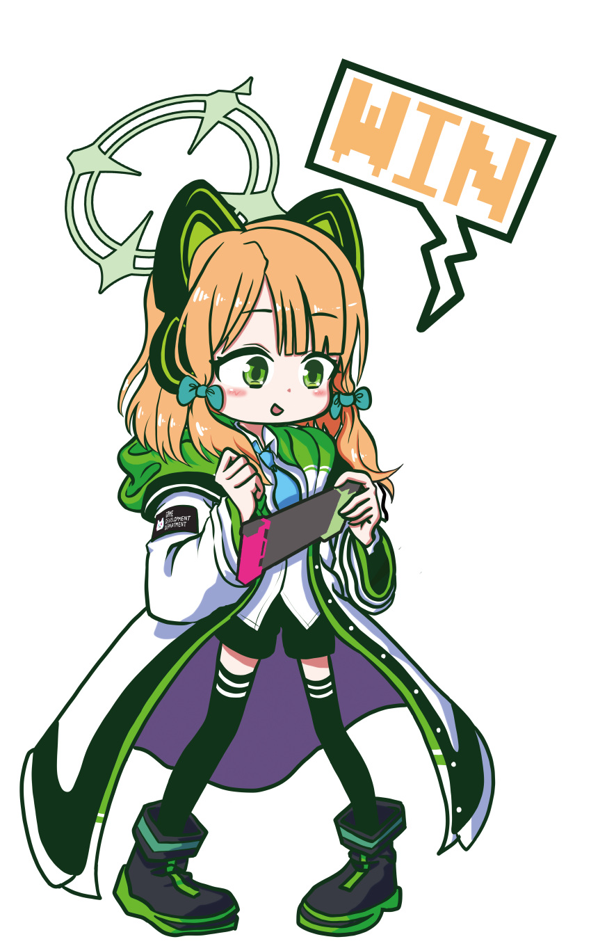 1girl, :d, absurdres, aghanseonmul, animal_ear_headphones, animal_ears, black_shorts, black_thighhighs